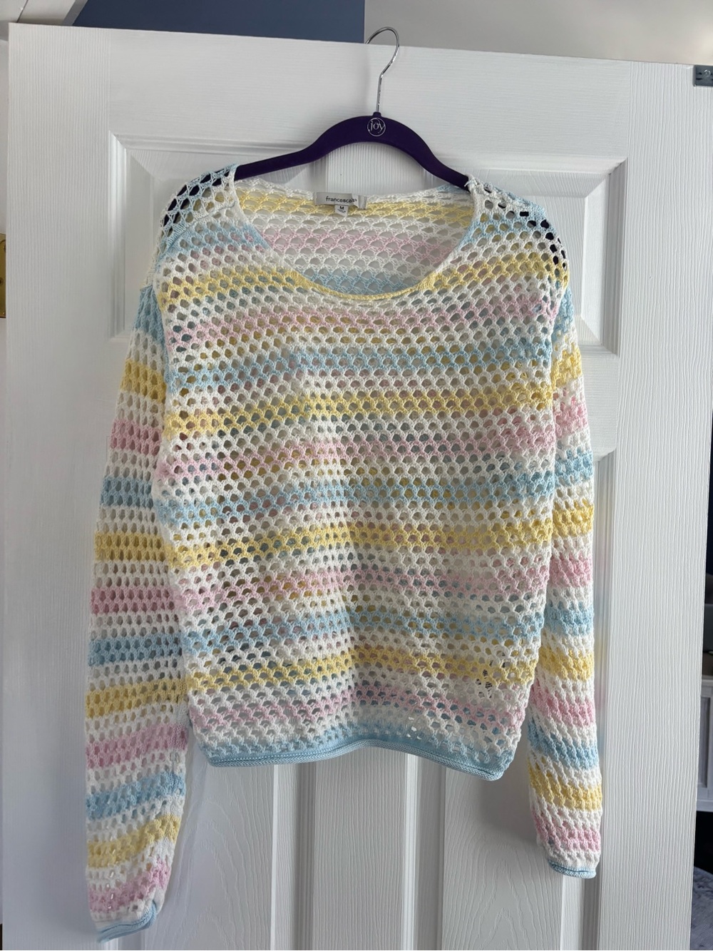Francesca's Collections Pastel Stripe Open-Weave Scoop Neck Top